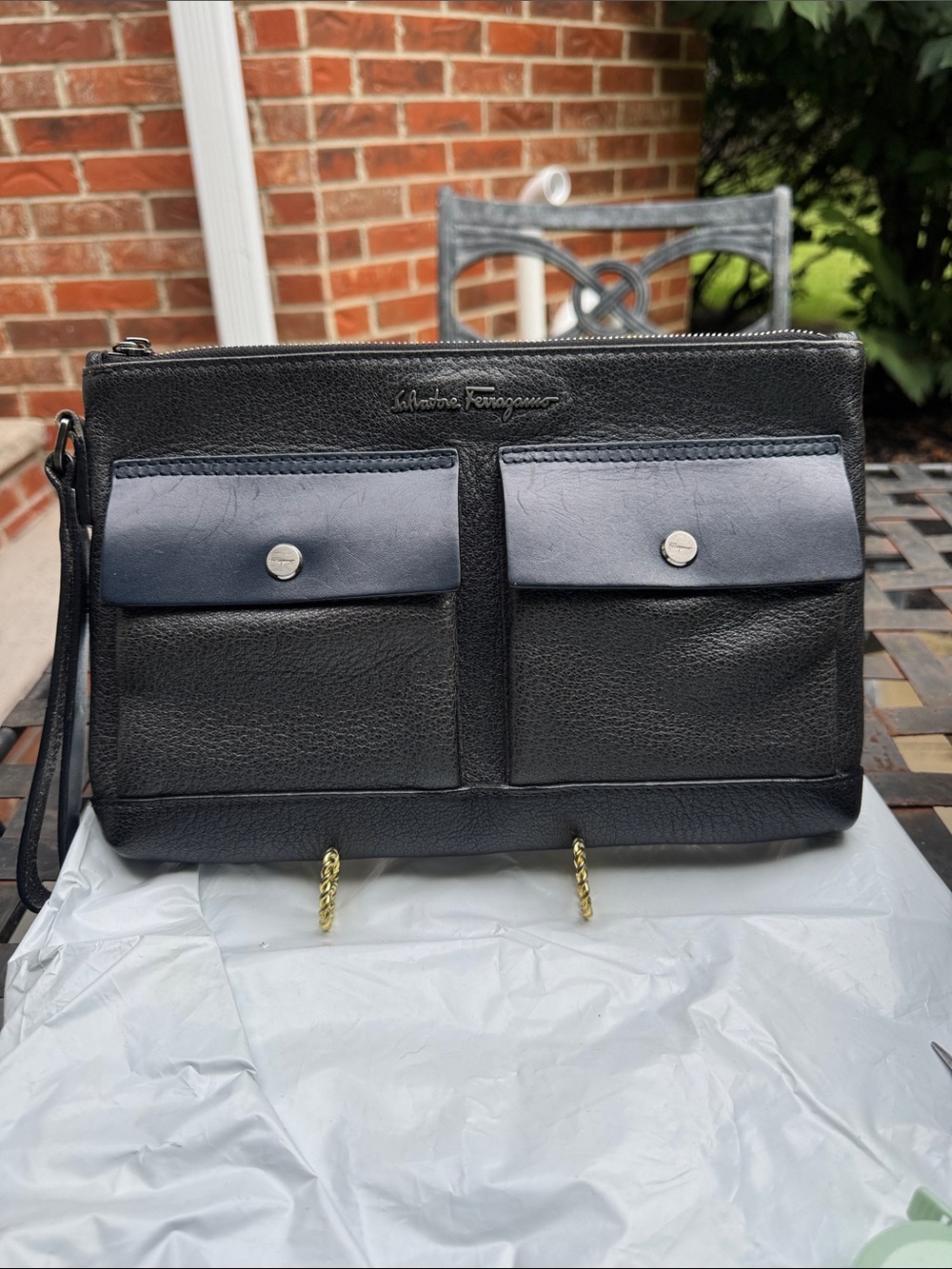 Salvatore Ferragamo Black and Navy Leather Wristlet Clutch